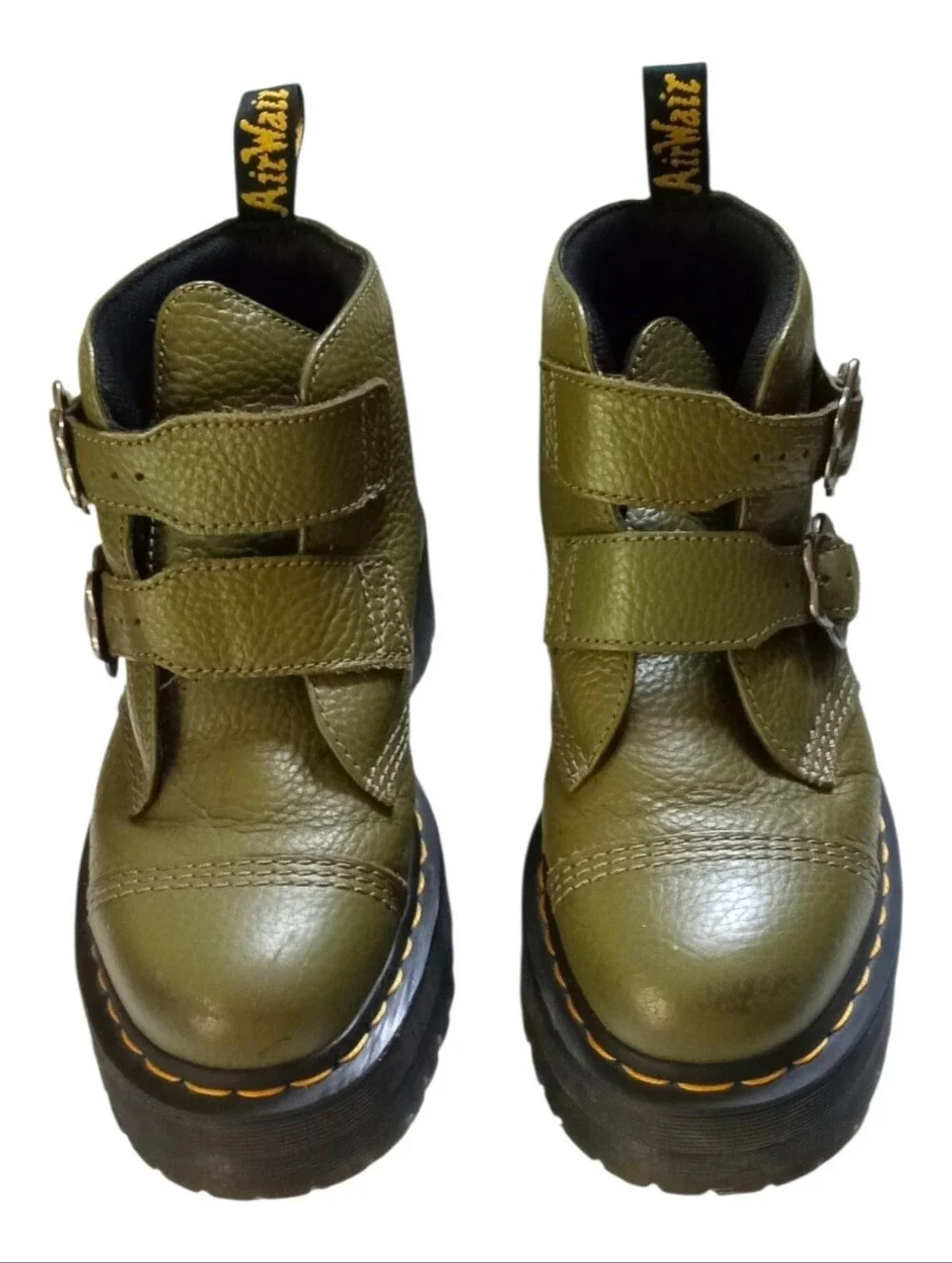 Dr Martens Women's Devon Flower Buckle Leather Platform Boots 8 US Khaki Green